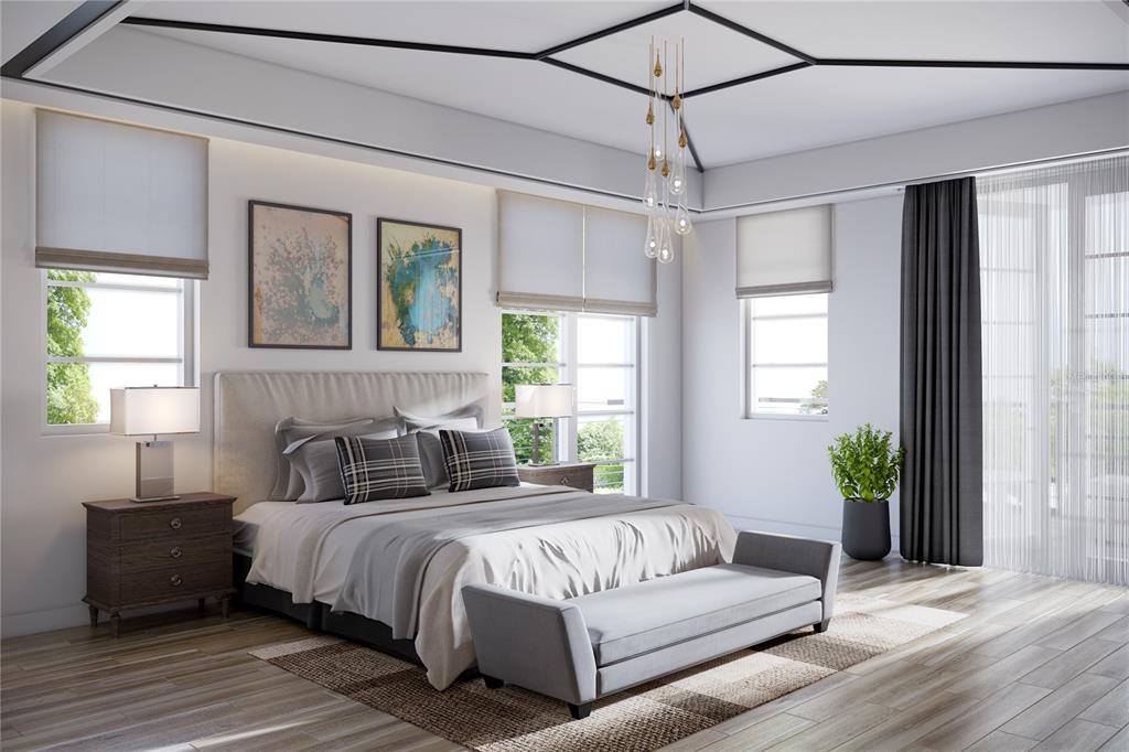This is a rendering of a bedroom with a bed, bench, and large windows — 25 LAKE HOLLINGSWORTH DRIVE, LAKELAND, FL