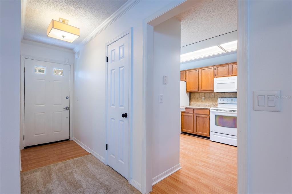 An entryway with carpet and wood flooring leads to a kitchen with wood cabinets — 3164 VALLEY OAKS DRIVE UNIT 3164, TAMPA, FL