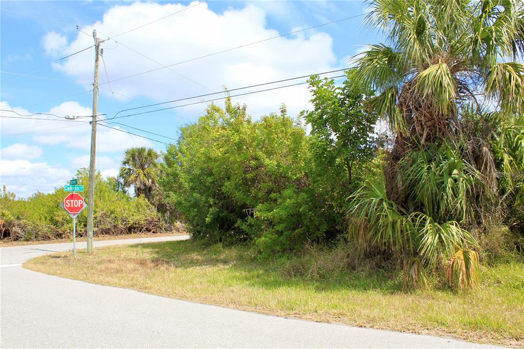 A stop sign stands at a road intersection next to dense vegetation and palm trees — 4402,4410 BAYVIEW STREET, PORT CHARLOTTE, FL
