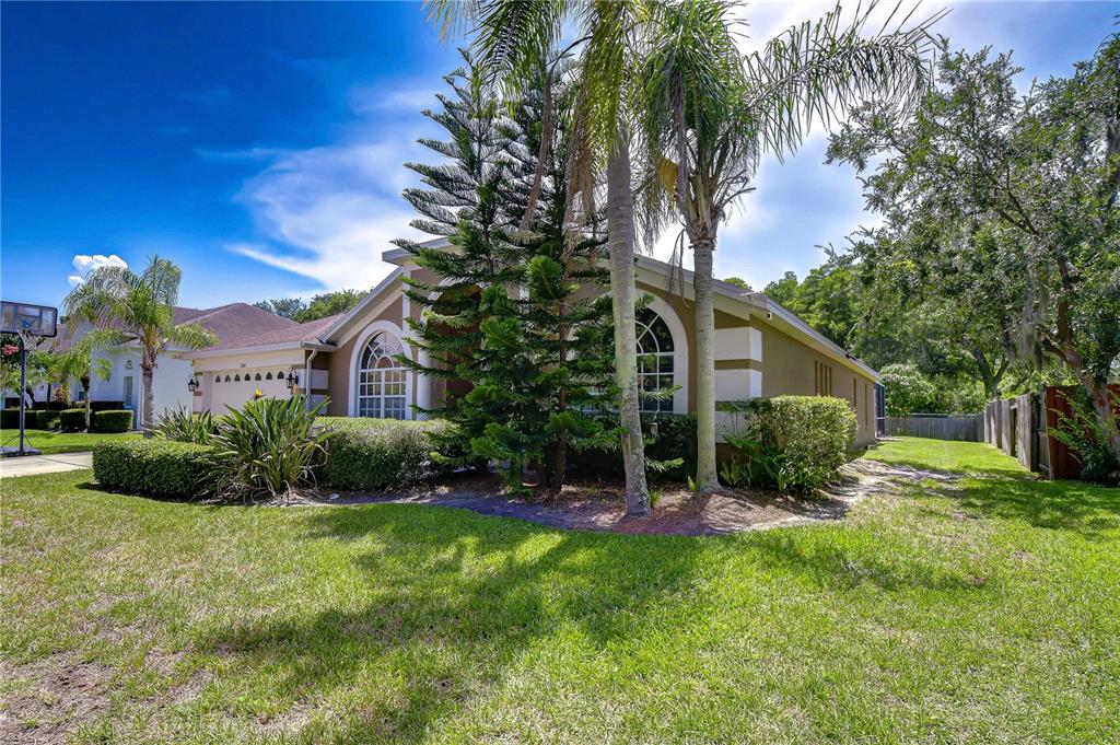 A single-story house with a tan exterior, arched windows, and palm trees in the front yard — 9244 BRINDLEWOOD DRIVE, ODESSA, FL