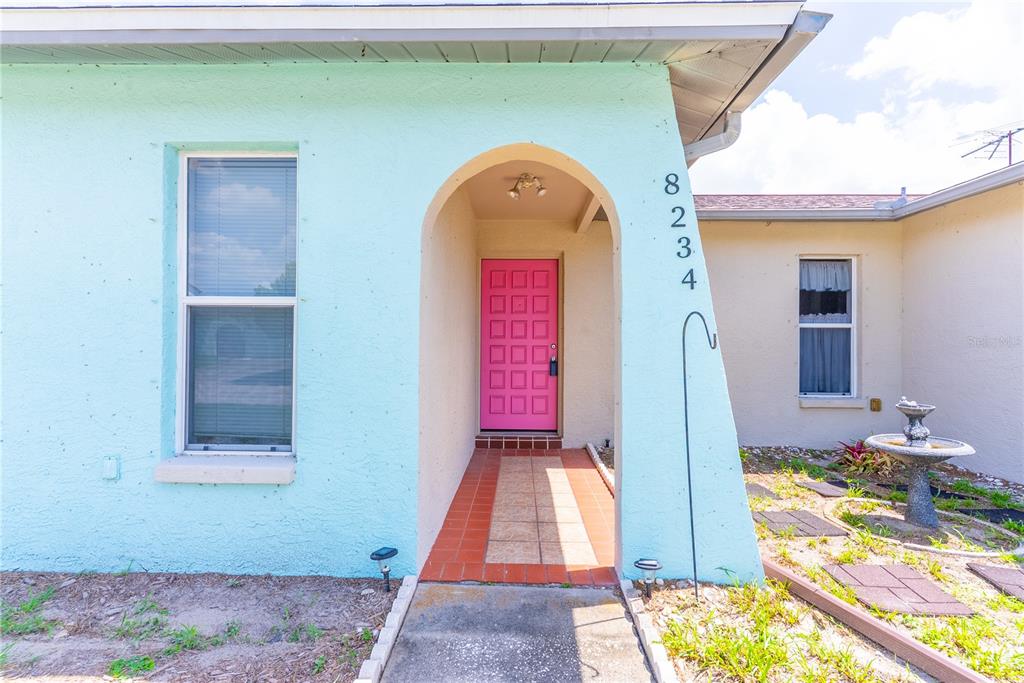 The exterior of a house features a light blue facade, a bright pink door, and a walkway — 8234 WINTHROP DRIVE, PORT RICHEY, FL