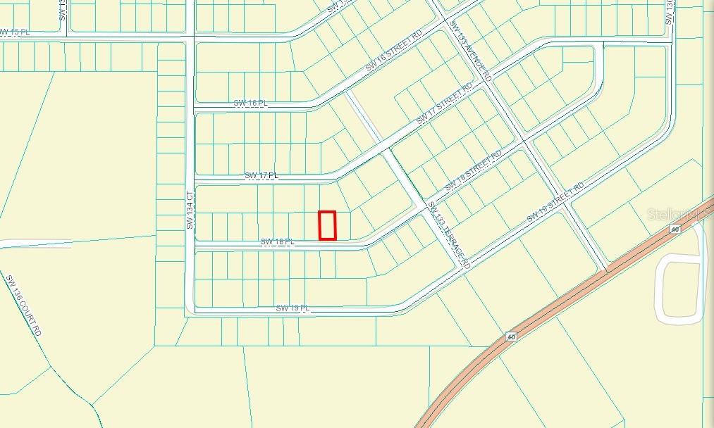 This is a map showing a highlighted residential lot within a suburban neighborhood street layout — TBD SW 18TH PLACE, OCALA, FL
