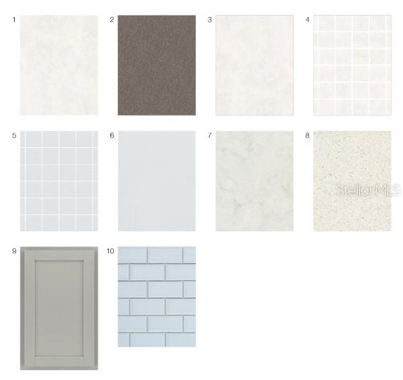 This image displays a grid of ten material samples for interior design finishes — 26145 CAMOGLI COURT, ENGLEWOOD, FL