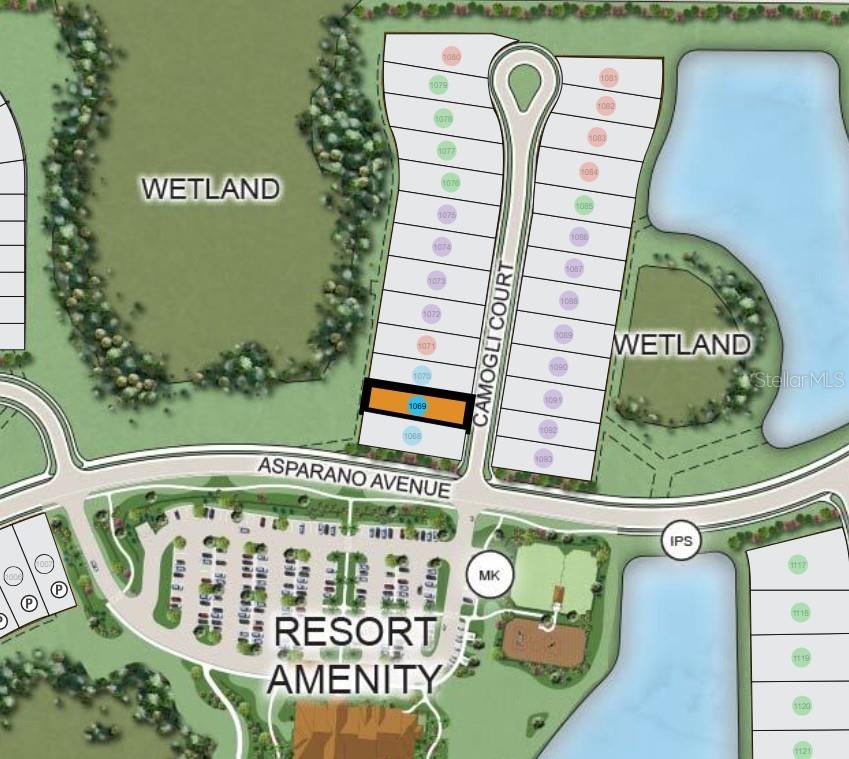 This is a site map showing residential lots along Camogli Court near a resort amenity area — 26145 CAMOGLI COURT, ENGLEWOOD, FL