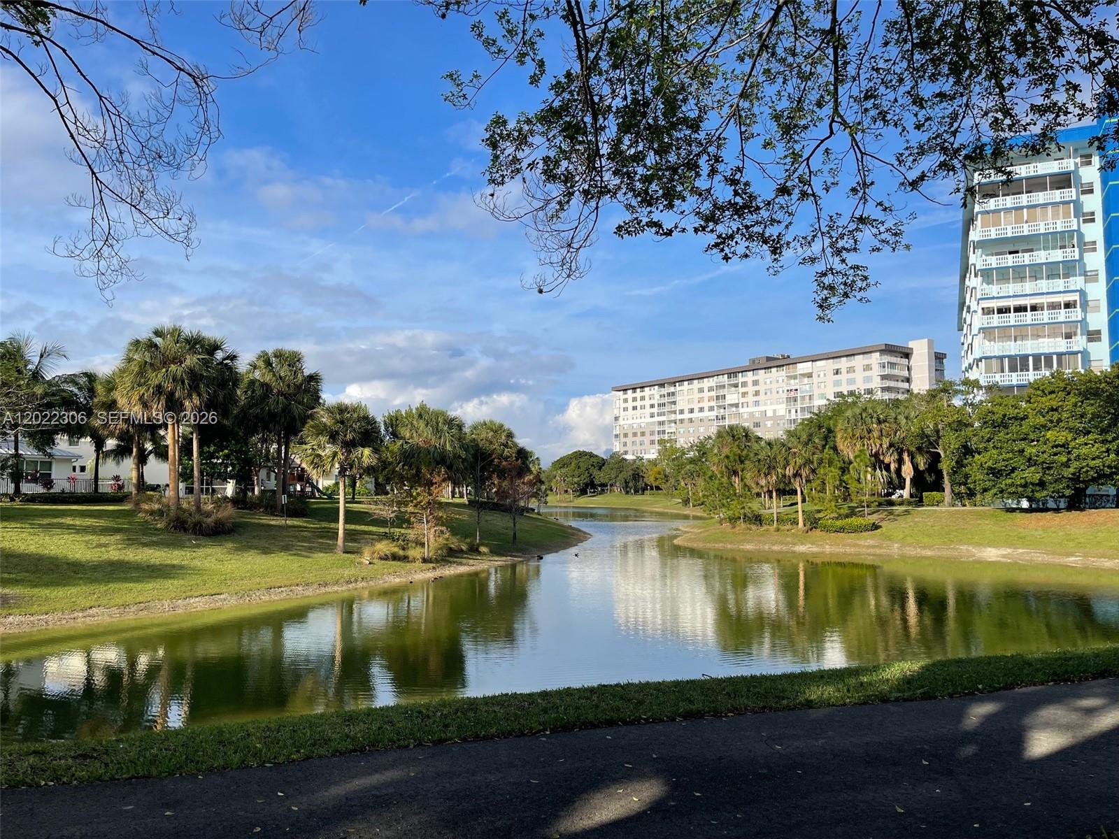 A pond surrounded by palm trees and grass with apartment buildings in the background — 4330 Hillcrest Dr # 506, Hollywood FL 33021, HOLLYWOOD, FL