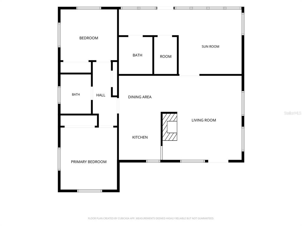 This is a floor plan showing a home with two bedrooms, two baths, and a sunroom — 1881 COTTONWOOD STREET, ORANGE CITY, FL