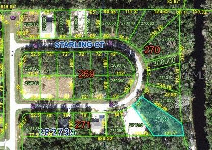 This is a satellite map showing residential land parcels and street layouts — 223 STARLING COURT, POINCIANA, FL