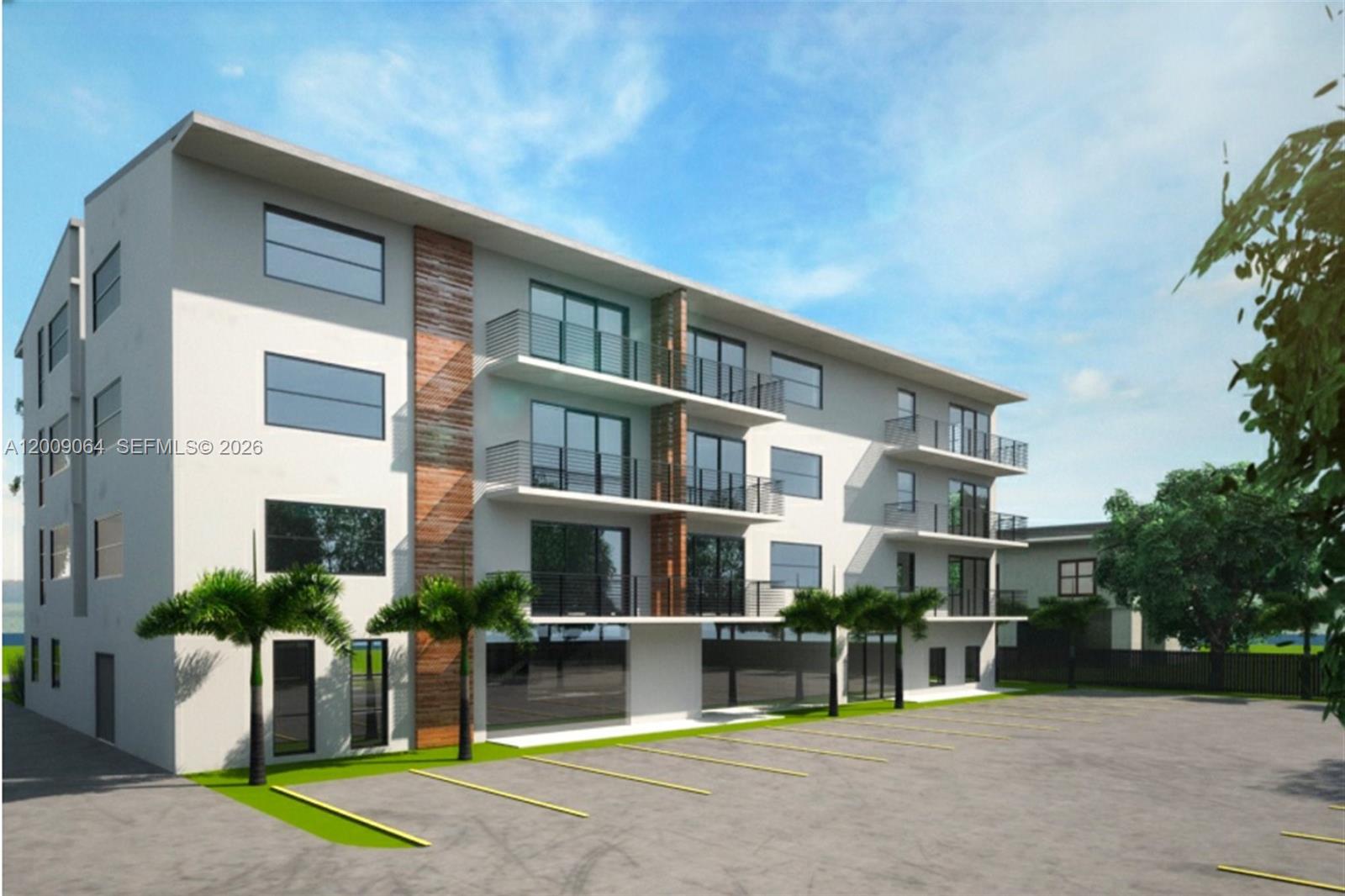 This is a digital rendering of a modern four-story apartment building with balconies and parking — 530 NE 141st St, North Miami FL 33161, NORTH MIAMI, FL