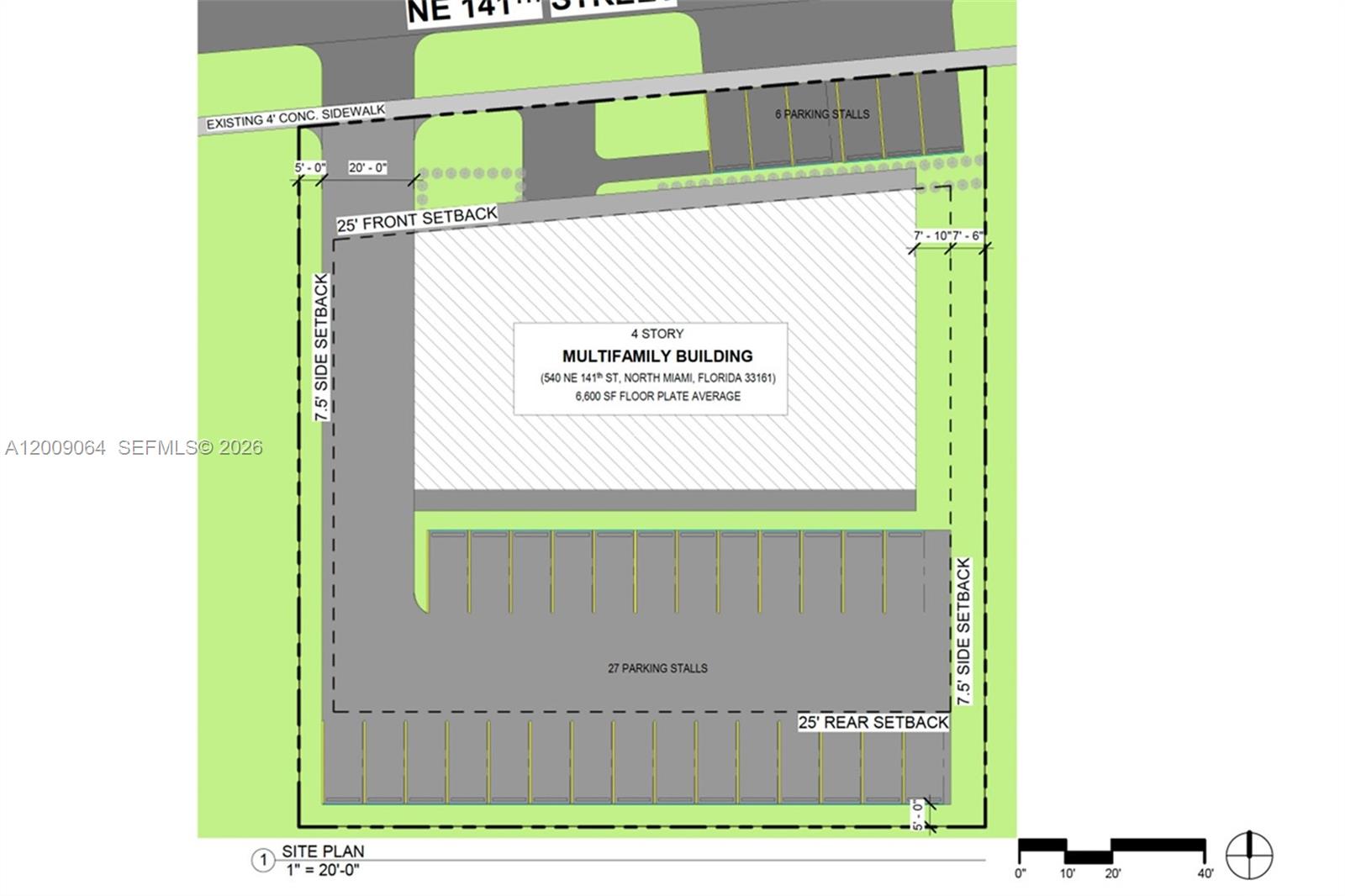 This site plan shows a proposed four-story multifamily building with parking stalls and setbacks — 530 NE 141st St, North Miami FL 33161, NORTH MIAMI, FL