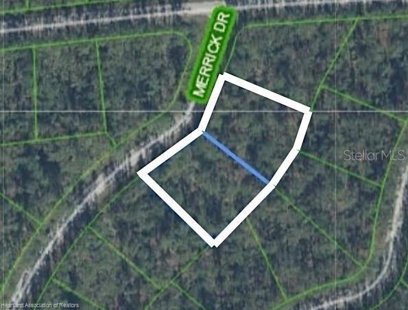 This is a map showing two adjacent land parcels outlined in white along Merrick Drive — 6438 MERRICK DRIVE, SEBRING, FL