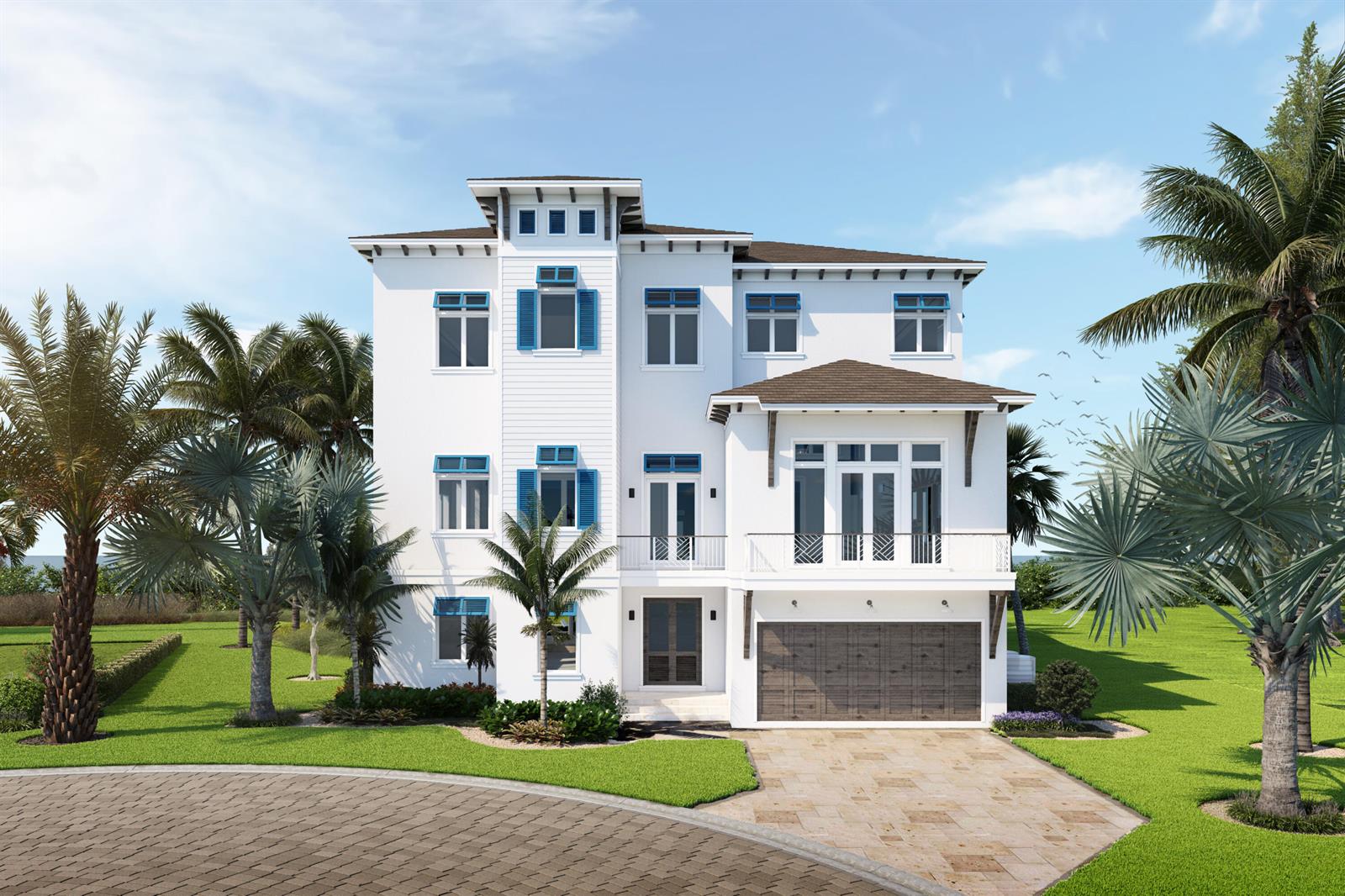 This is a rendering of a three-story white coastal home with blue shutters and a garage — 10 Anacostia Place, Fort Pierce FL 34949, FORT PIERCE, FL