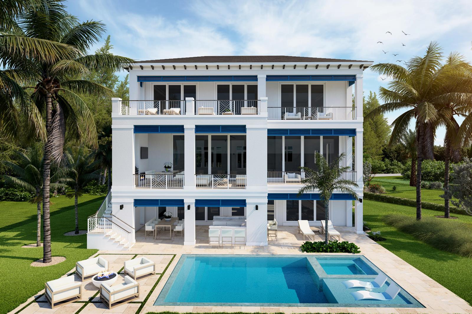 This architectural rendering shows the rear exterior of a three-story white house with a pool — 10 Anacostia Place, Fort Pierce FL 34949, FORT PIERCE, FL
