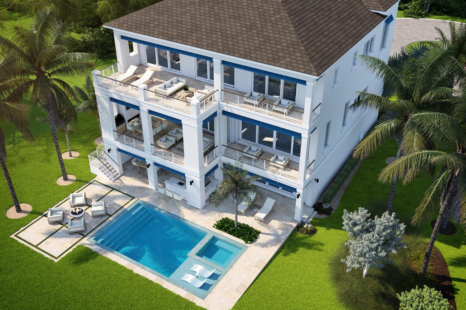 This architectural rendering shows a three-story coastal home with multiple balconies, a pool, and landscaping — 10 Anacostia Place, Fort Pierce FL 34949, FORT PIERCE, FL
