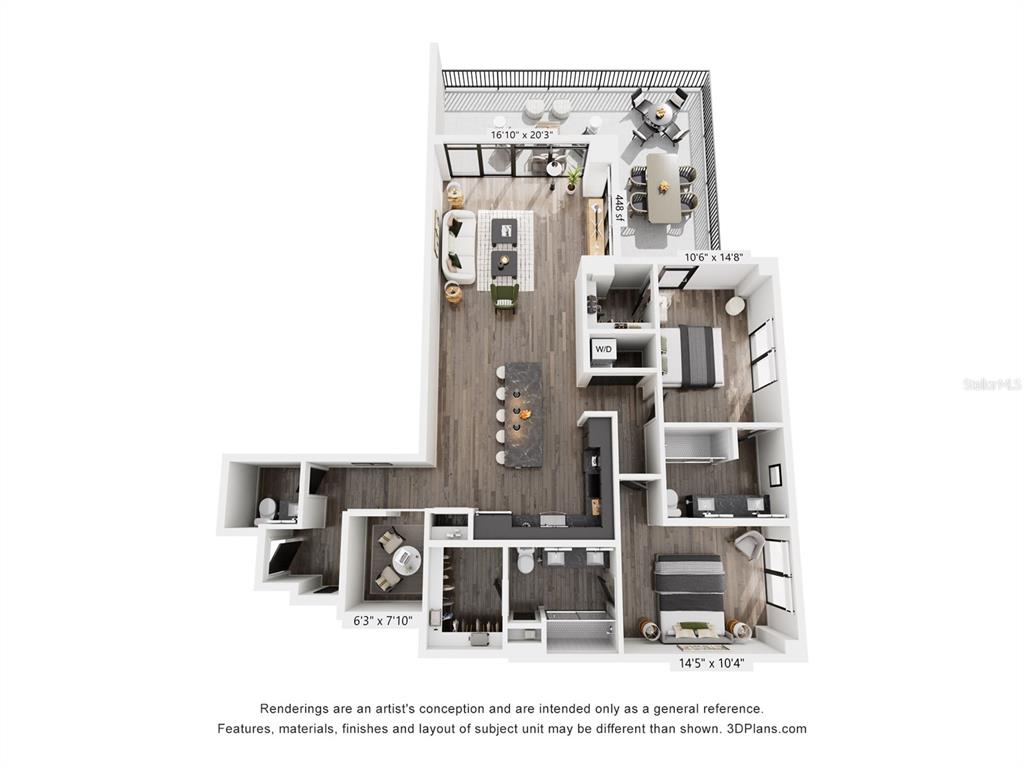 This is a 3D floor plan rendering of a two-bedroom apartment with a large balcony — 221 MAIN STREET N UNIT B4-1115, ST PETERSBURG, FL
