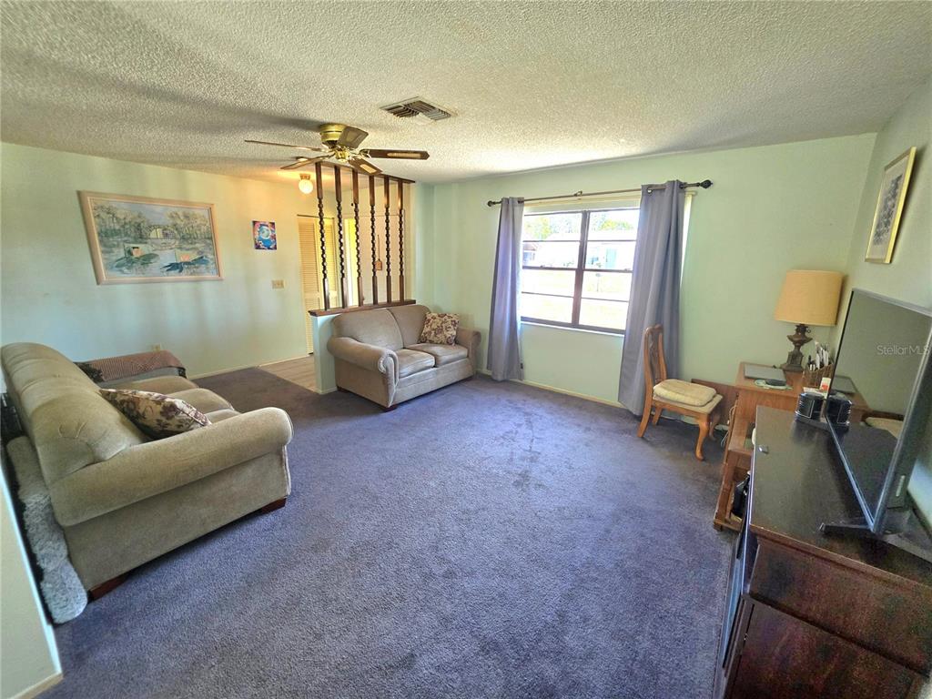 A living room features purple carpeting, light green walls, a ceiling fan, and wooden room dividers — 6402 COVEWOOD DRIVE, SPRING HILL, FL