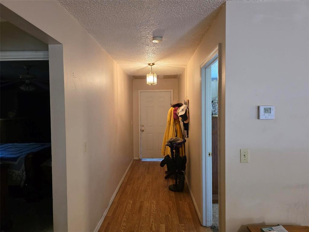 A hallway with wood flooring leads to a white front door under a hanging light — 3606 SW SUNNYDALE STREET, DUNNELLON, FL