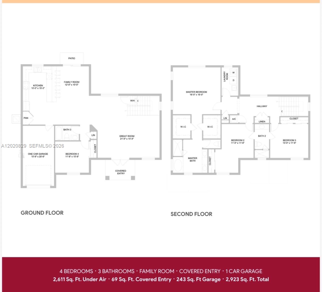 This is a floor plan showing the ground and second floors of a four-bedroom house — 23149 SW 119th Ave, Miami FL 33170, MIAMI, FL