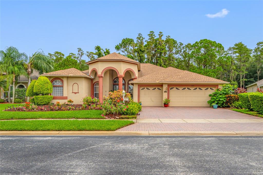 A single-story house with a tan stucco exterior, arched entryway, and a two-car garage — 11421 STRATHAVEN COURT, TRINITY, FL