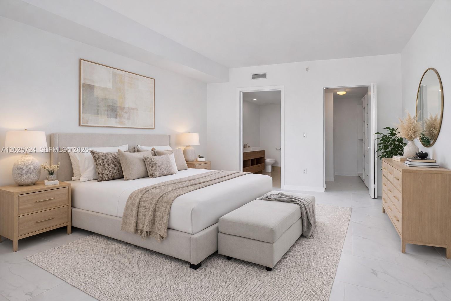 A modern bedroom features a king bed, light wood furniture, and an en suite bathroom — 1300 S Miami Ave # 3211, Miami FL 33130, MIAMI, FL