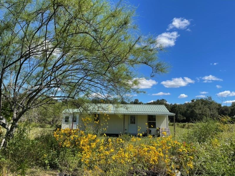 A small, light-colored house with a green metal roof sits in a grassy, wildflower-filled field — 3725 SW 162 St., Archer, FL, Gainesville FL 32618, GAINESVILLE, FL