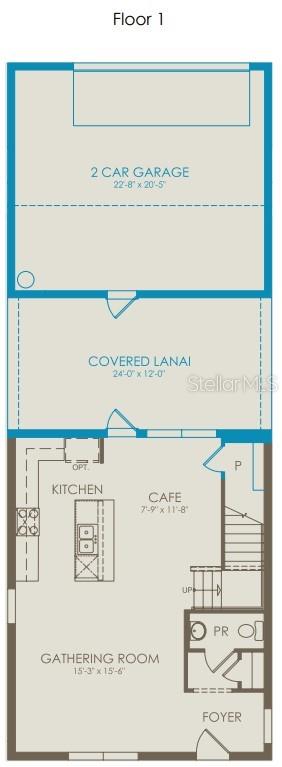 This is a floor plan for the first level of a home featuring a garage — 2142 MOSSY VINE AVENUE, ST CLOUD, FL