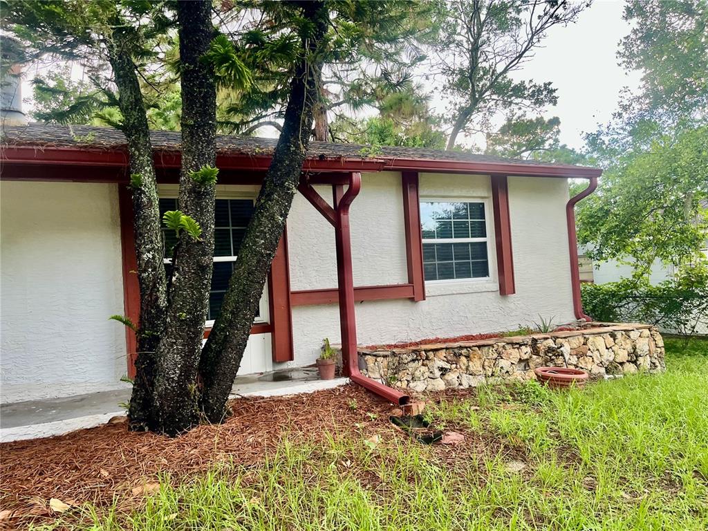A white stucco house exterior features red trim, a stone planter, and a large tree — 640 DIANE CIRCLE, CASSELBERRY, FL
