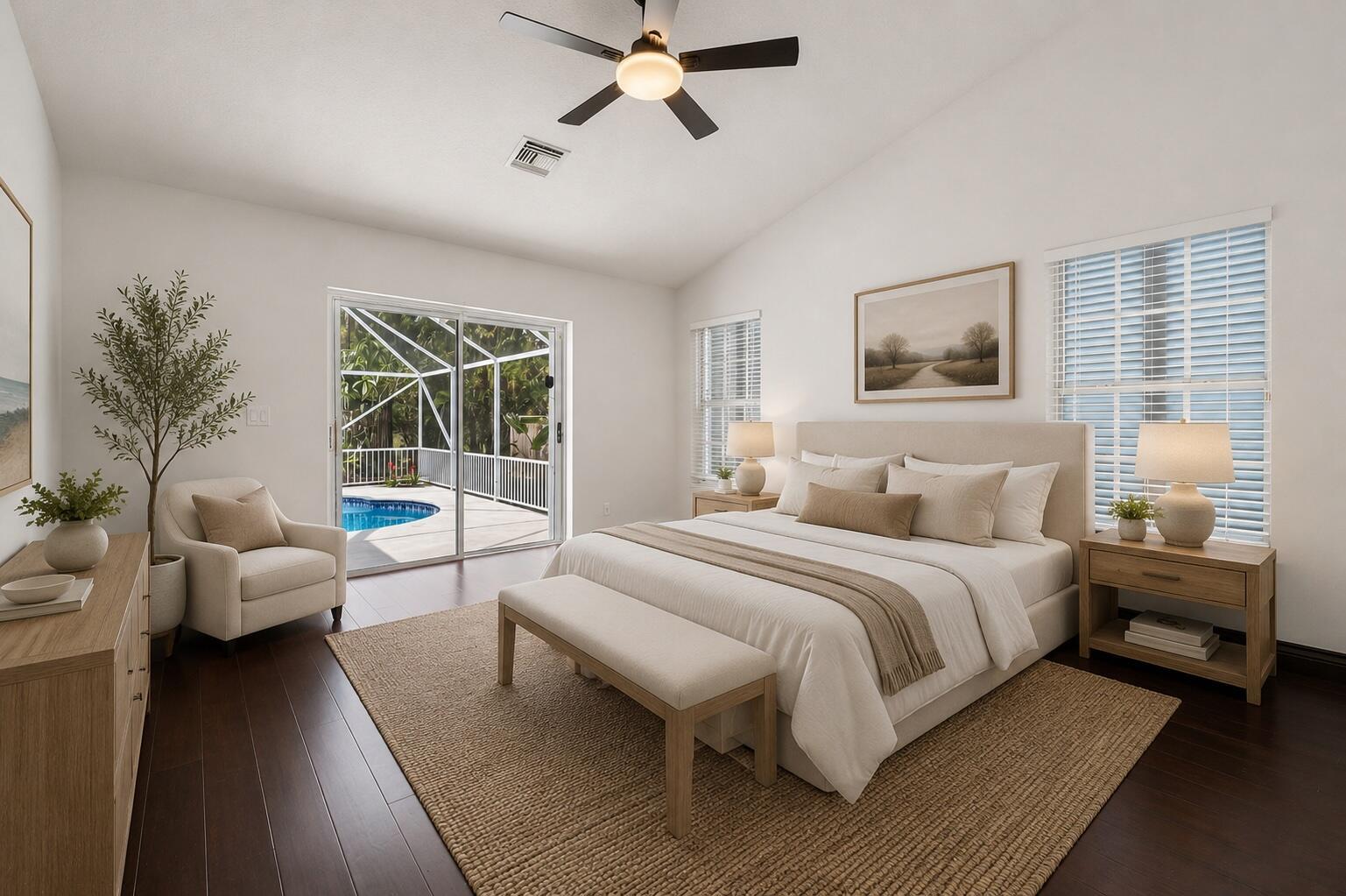 A bedroom with a king bed, neutral decor, dark wood floors, and a sliding door view — 11480 150th Court N, FL 33478, FL
