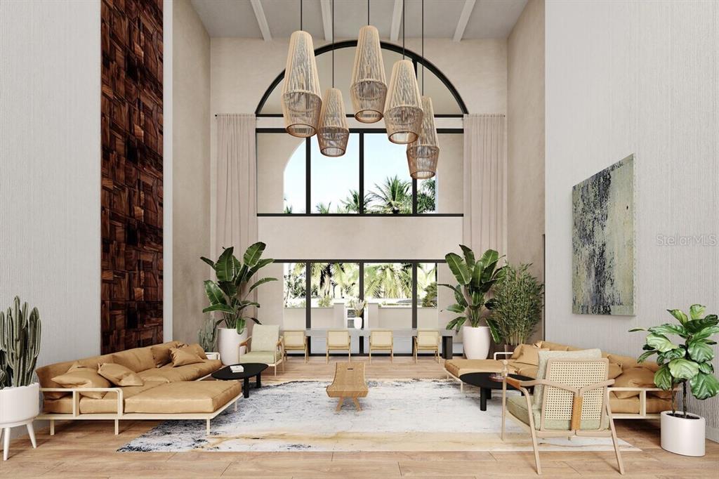 This rendering shows a high-ceiling living room with woven pendant lights and tan sofas — 4865 BIG PINE LOOP UNIT B1, KISSIMMEE, FL