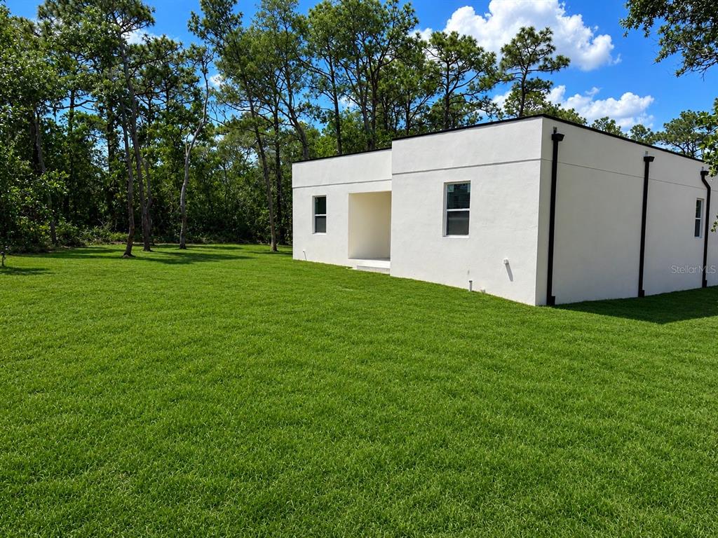 A modern, white, flat-roofed house sits on a large, grassy lot near a wooded area — 9014 WATERBIRD WAY, BROOKSVILLE, FL