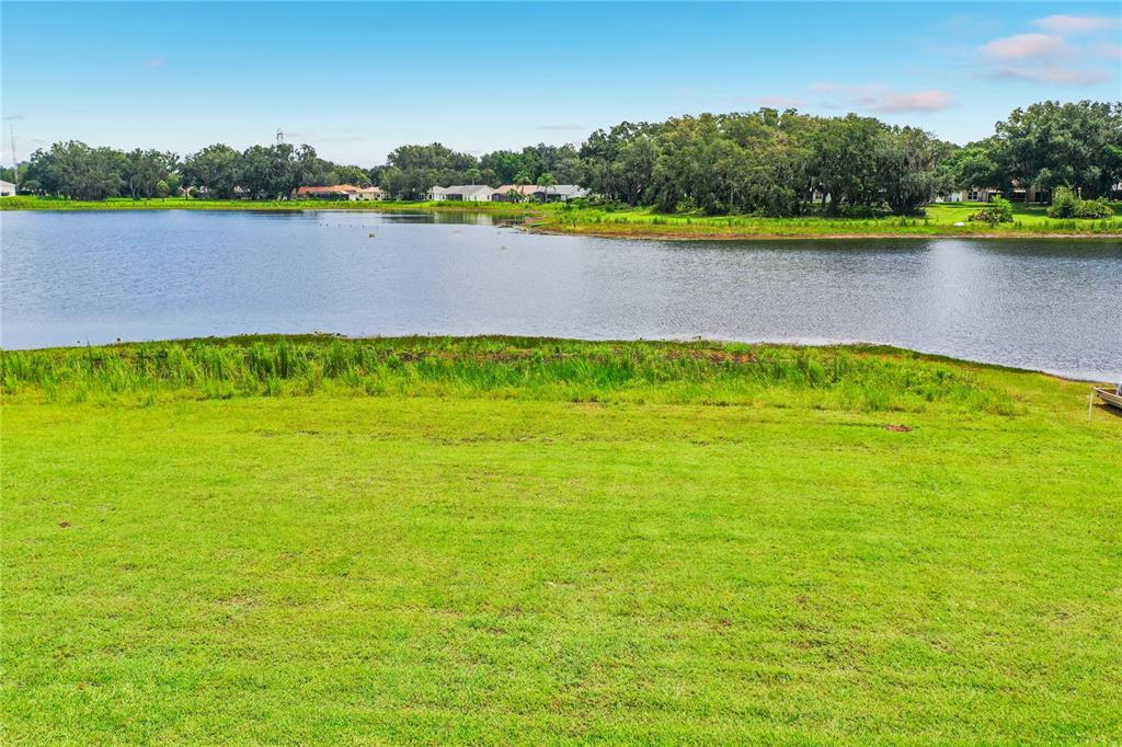 A grassy lawn overlooks a lake with trees and houses in the background — 25524 LAUREL VALLEY ROAD, LEESBURG, FL