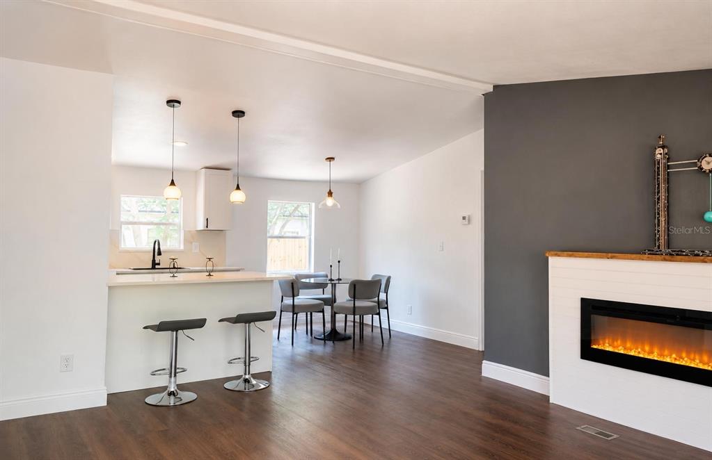 A modern living room features a fireplace, dark wood floors, and an open-concept kitchen — 1809 NE 162ND STREET, CITRA, FL