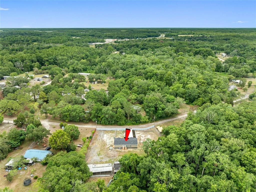 An aerial view shows a single-story house situated on a large, wooded lot — 17151 LEMON STREET, SPRING HILL, FL