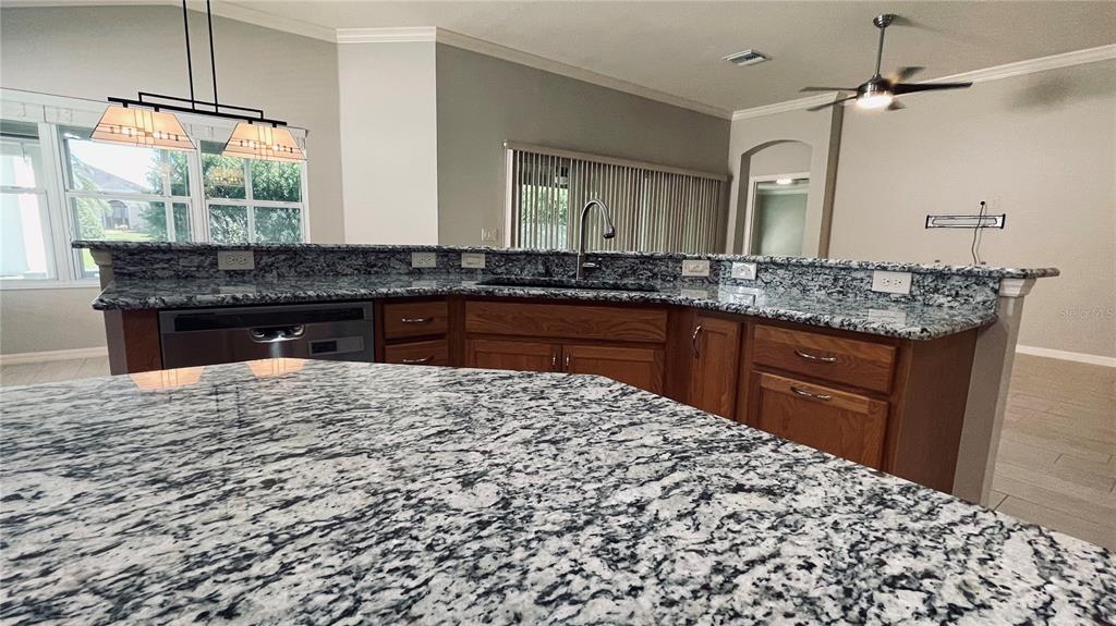 A kitchen features a granite-topped island, wooden cabinets, and a stainless steel dishwasher — 443 POMEGRANATE PATH, THE VILLAGES, FL