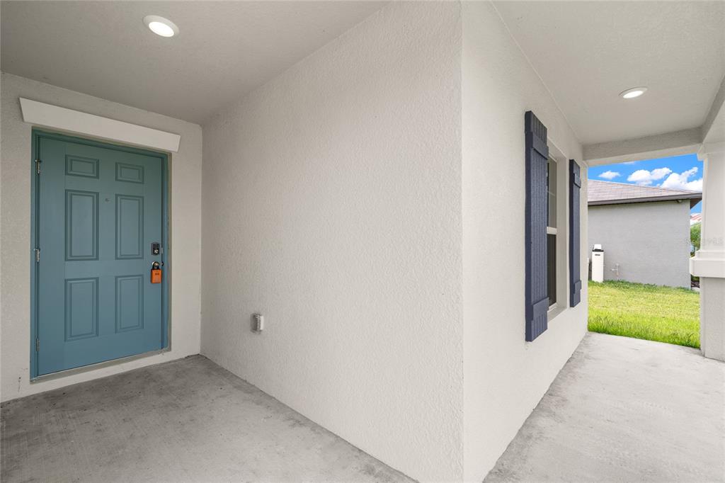 A covered entryway features a light blue front door and a window with blue shutters — 16612 CARLTON POND STREET, WIMAUMA, FL
