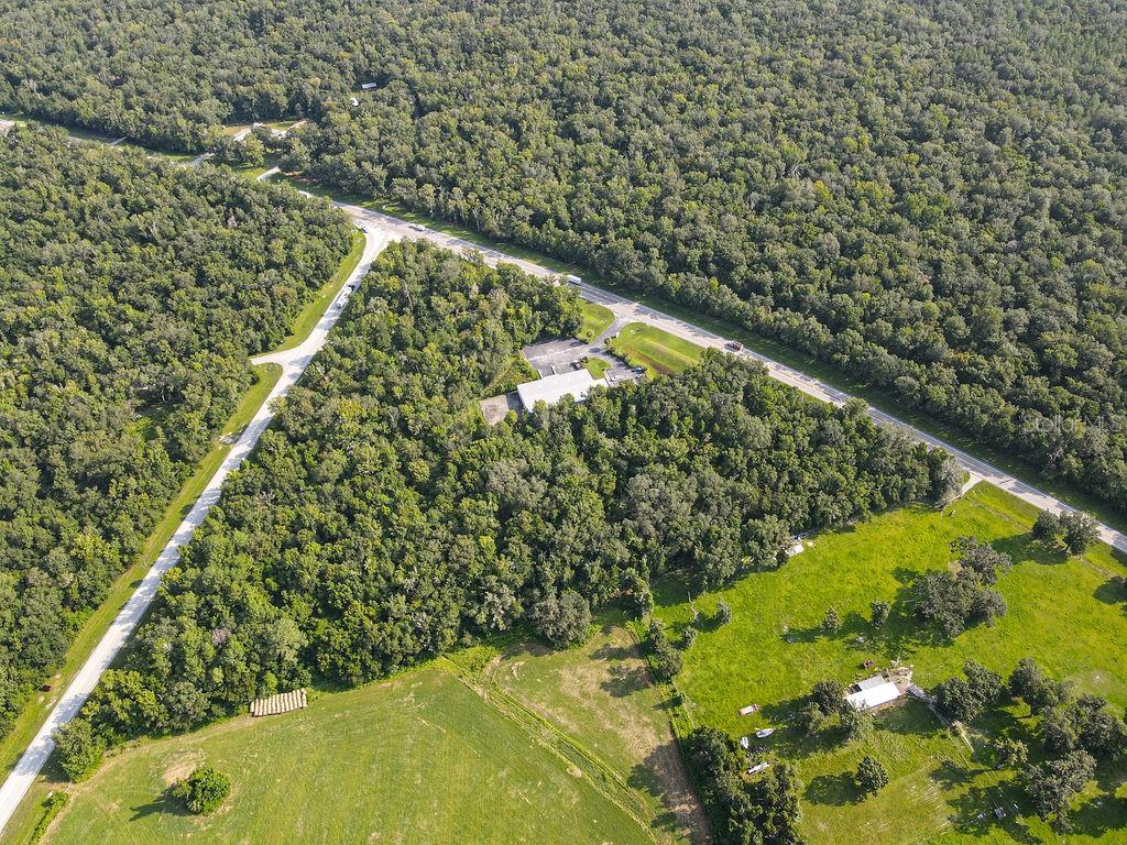 An aerial view shows a commercial building surrounded by dense forest and open pasture land — PONCE DE LEON BOULEVARD, BROOKSVILLE, FL