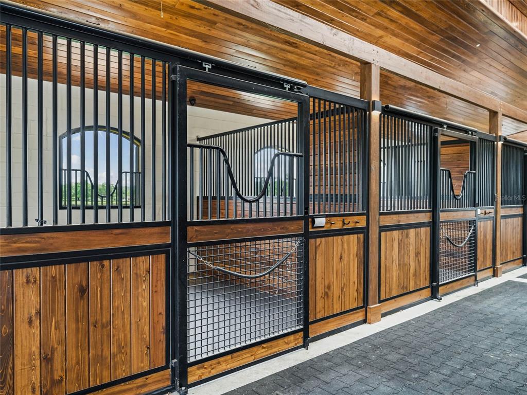 A row of horse stalls with black metal frames and wood paneling in a stable — 2380 NW 72ND COURT, OCALA, FL