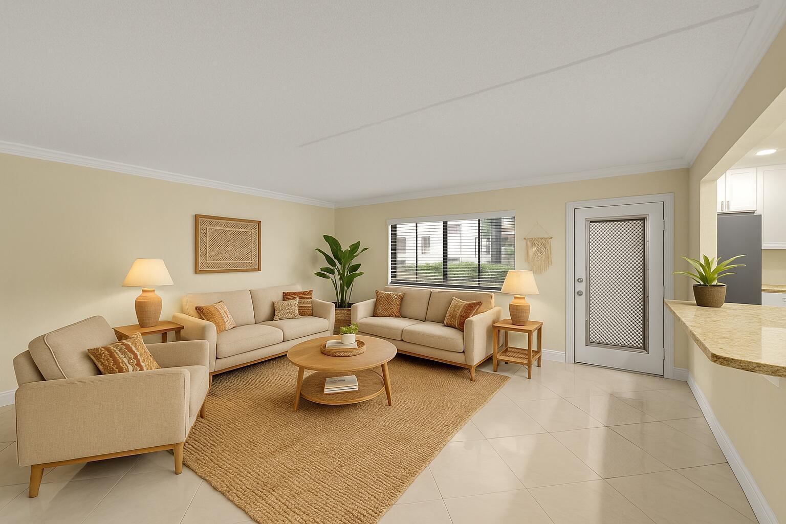 A living room with beige sofas, a round wooden coffee table, and light tile flooring — 15108 Ashland Drive # 198, Delray Beach FL 33484, DELRAY BEACH, FL