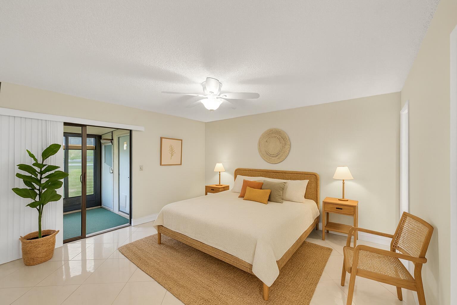 A bedroom features a rattan bed, two nightstands, a jute rug, and a sliding glass door — 15108 Ashland Drive # 198, Delray Beach FL 33484, DELRAY BEACH, FL