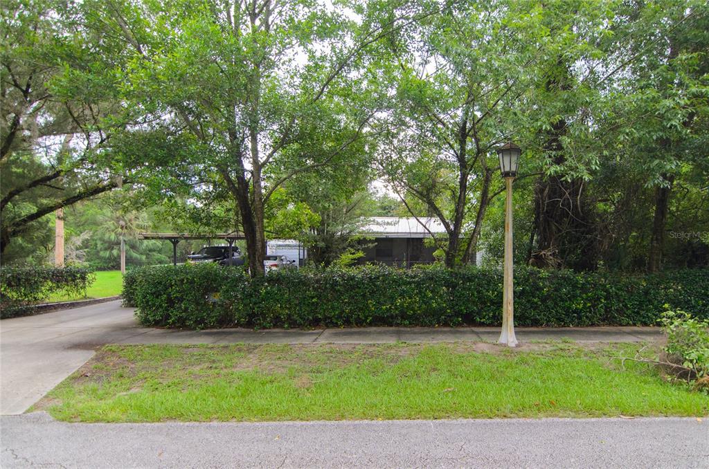 A house is partially obscured by trees and a hedge behind a sidewalk and lamp — 257 DESOTO AVENUE, DE LEON SPRINGS, FL
