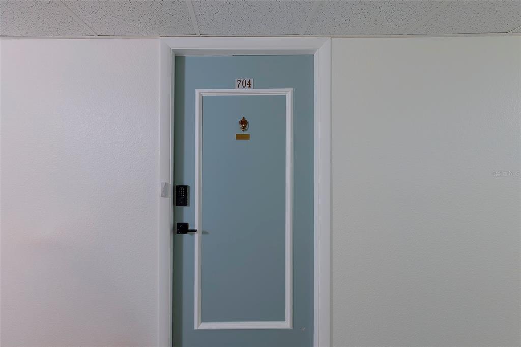 A light blue door with the number 704 is centered on a plain white wall — 19029 US HIGHWAY 19 N UNIT 9-704, CLEARWATER, FL