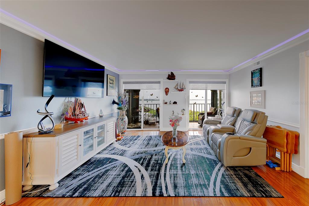 A living room features a large television, light-colored recliner seating, and a patterned area rug — 19029 US HIGHWAY 19 N UNIT 9-704, CLEARWATER, FL