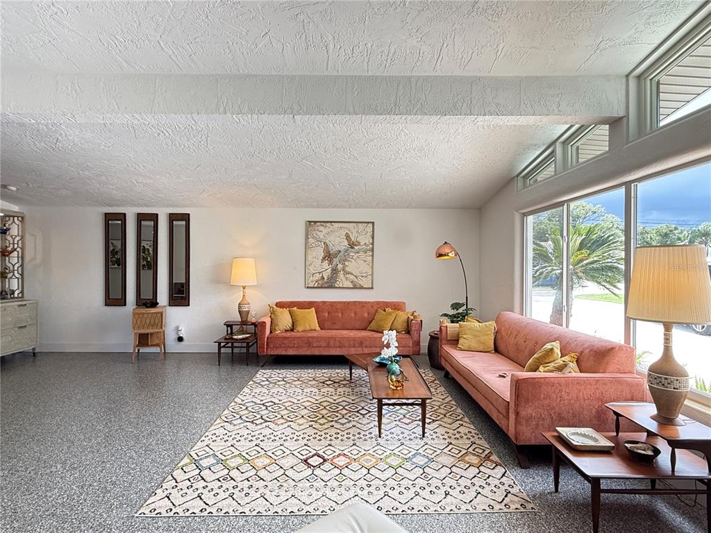 A living room features two coral sofas, a geometric rug, and large windows — 801 FAIRWAY DRIVE, NEW SMYRNA BEACH, FL