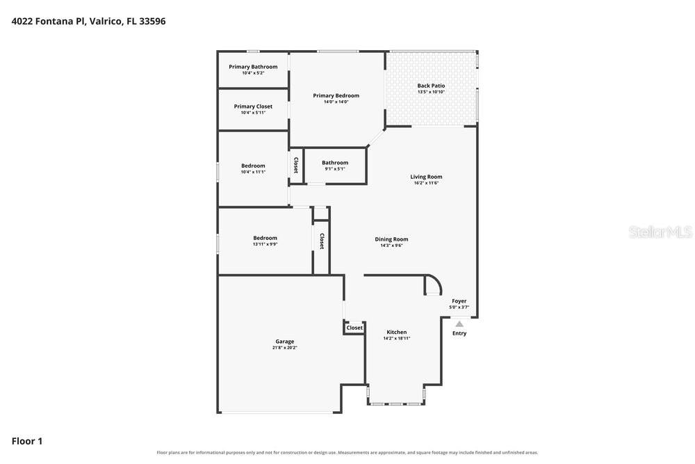 This is a floor plan for a single-story residential home with a garage and patio — 4022 FONTANA PLACE, VALRICO, FL