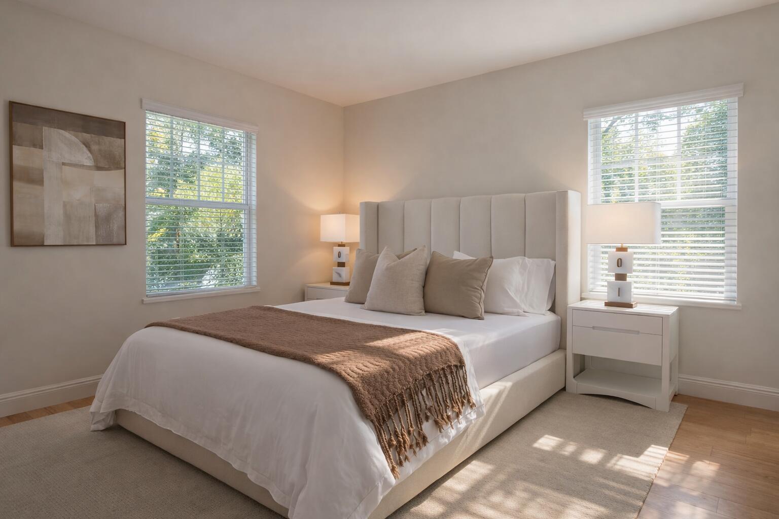 A bedroom features a neutral color palette, a tufted headboard, and two windows with blinds — 184 Sunset Avenue # 303, Palm Beach FL 33480, PALM BEACH, FL