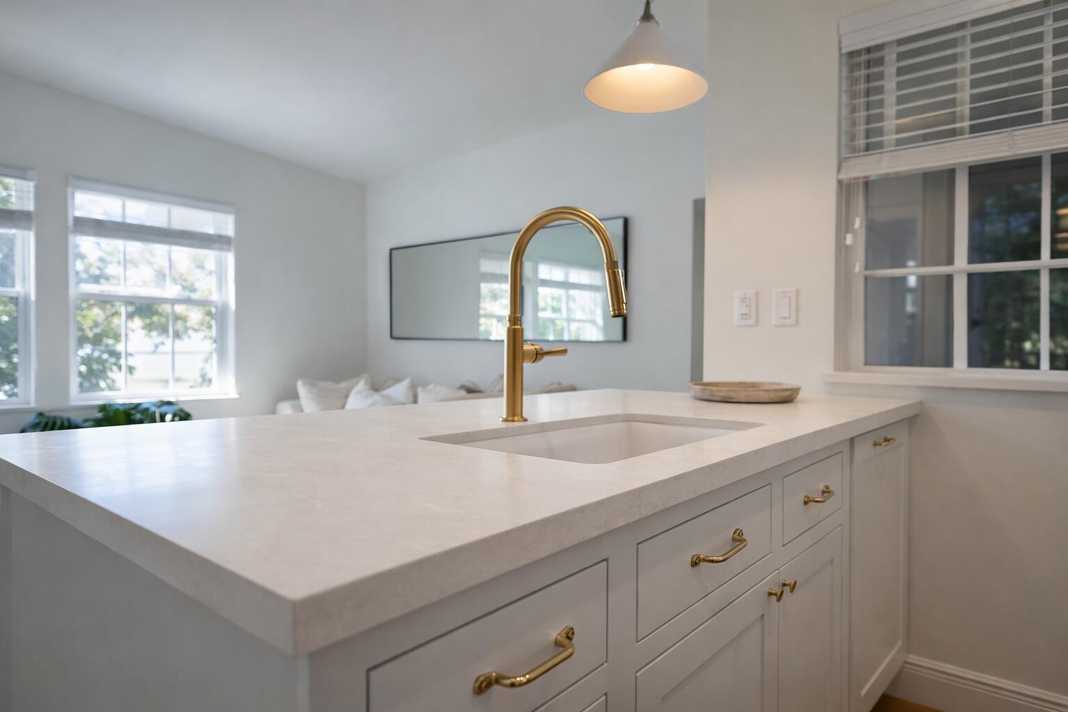 A kitchen island features a white countertop, an undermount sink, and gold hardware — 184 Sunset Avenue # 303, Palm Beach FL 33480, PALM BEACH, FL