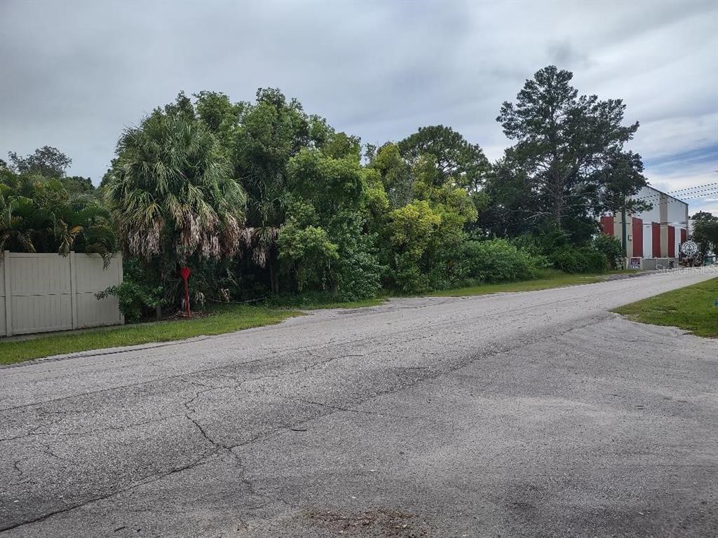 A paved road leads to a vacant, tree-covered lot next to a tan fence — 507 ANCLOTE ROAD, TARPON SPRINGS, FL