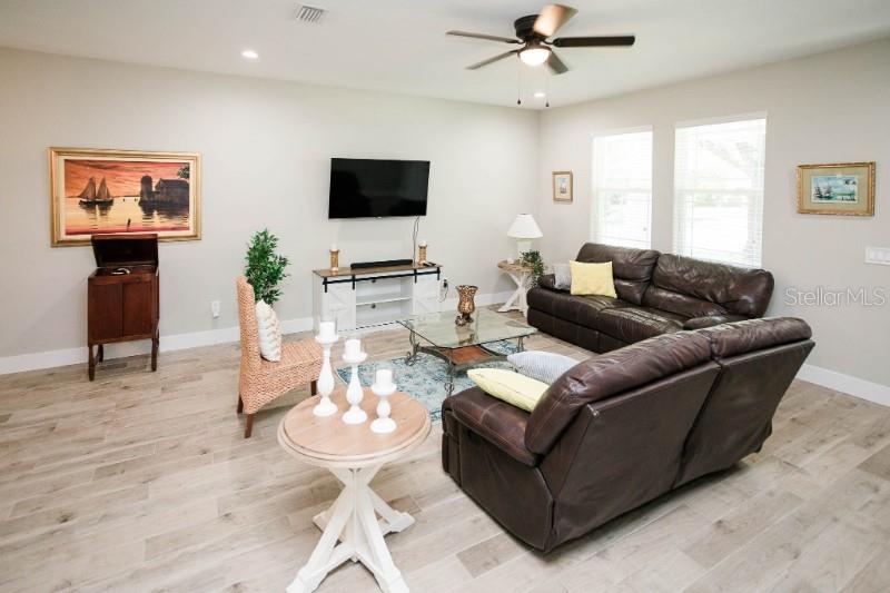 A living room features light wood-look flooring, a brown leather sofa, and a television console — 705 E ELM STREET, TAMPA, FL