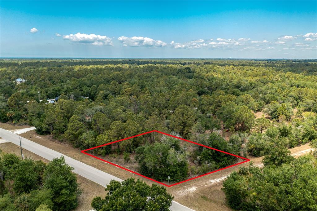An aerial view shows a rectangular, tree-covered vacant lot outlined in red along a road — 28250 MORNINGSIDE DRIVE, PUNTA GORDA, FL