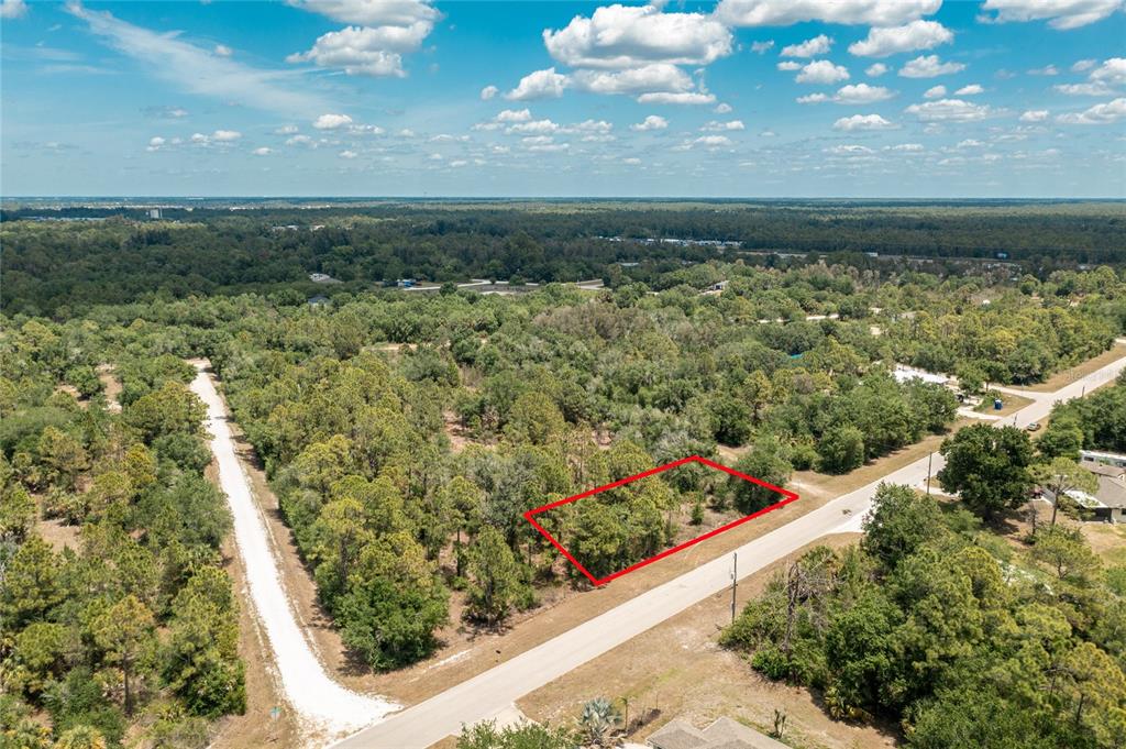 An aerial view shows a rectangular, tree-covered vacant lot outlined in red along a paved road — 28250 MORNINGSIDE DRIVE, PUNTA GORDA, FL