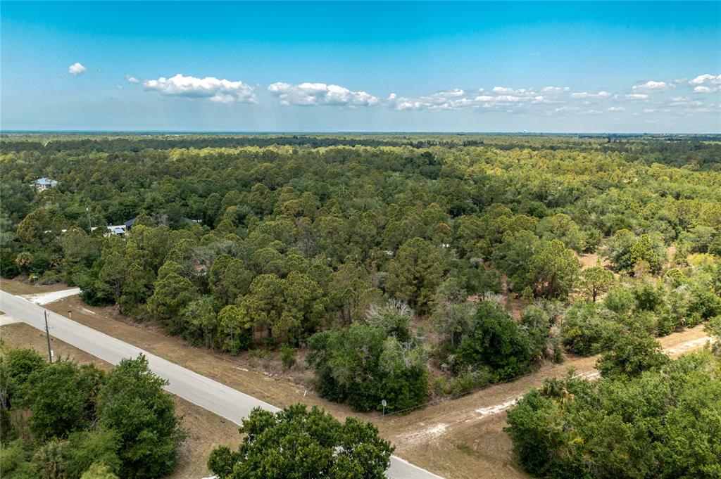 An aerial view shows a paved road bordering a large, wooded plot of land — 28250 MORNINGSIDE DRIVE, PUNTA GORDA, FL